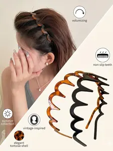 Vintage Tortoiseshell Wave Hairband Set of 2, Summer Non-Slip Toothed Headband, Soft and Flattering for Daily Wear, High Forehead Solution