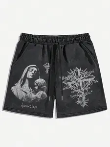 Men's Letter & Cross Print Shorts, Regular Fit Casual Fashion Comfy Shorts for Summer, Men's Bottoms for Daily Wear, Cotton