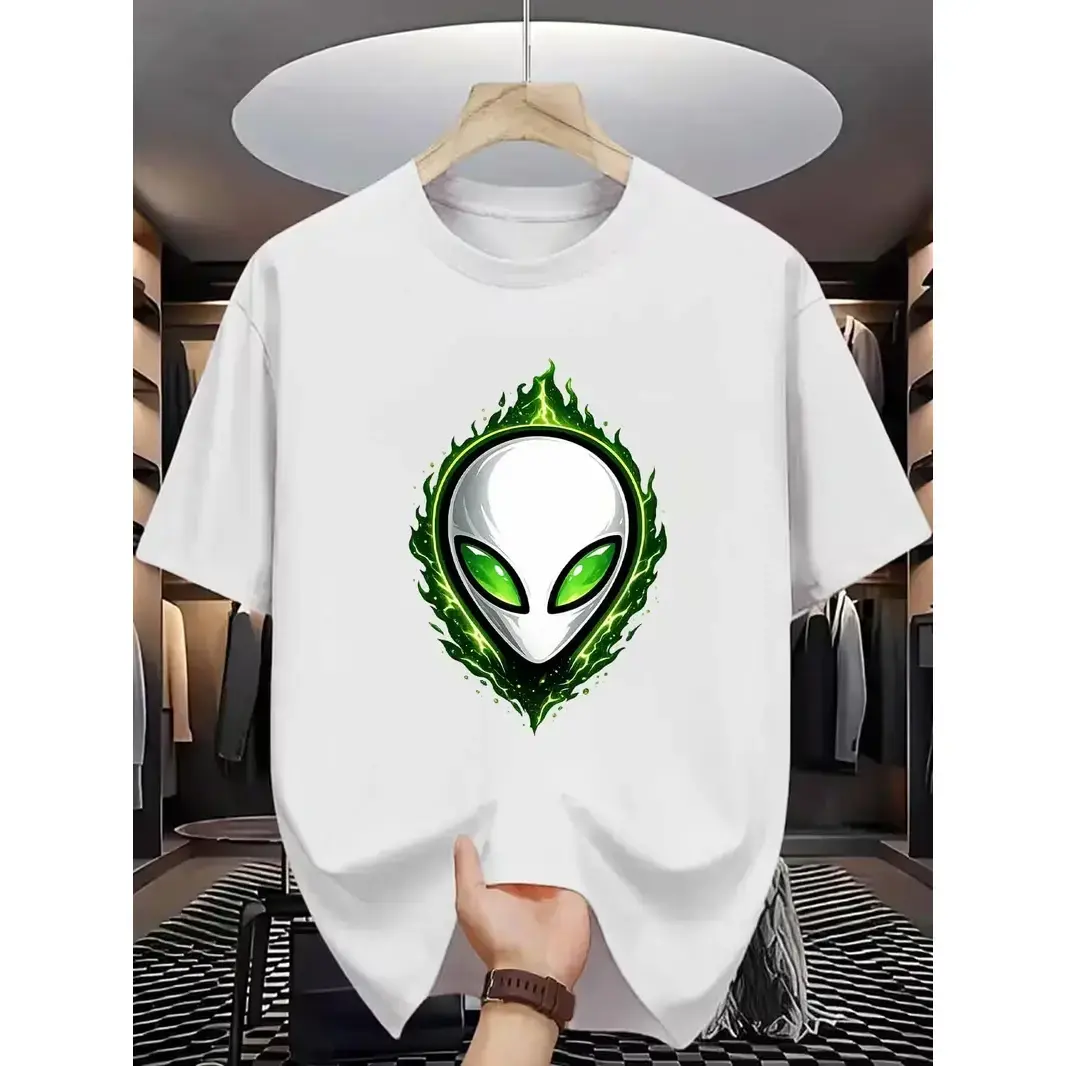 Alienfire Women's Short-Sleeve Crew Neck Loose Cotton Tee - Neon Green Alien Head Print, Simple Classic Design, Soft Breathable Premium Durable, Machine Washable Casual Everyday Top