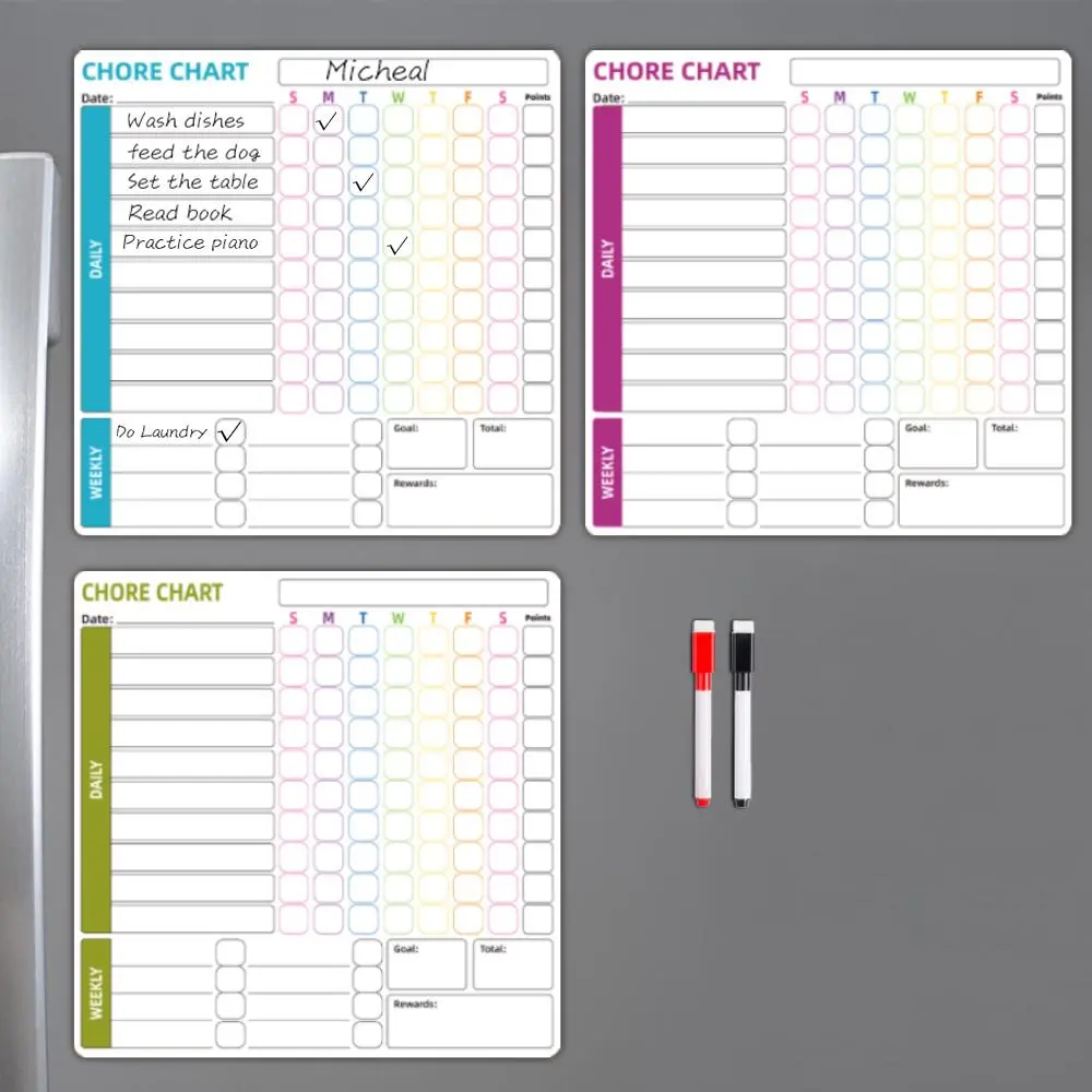 Magnetic Chore Chart, 3 Counts/set Refrigerator Chore Chart with 2 Counts Whiteboard Pen, Household Weekly Planner, Office Stationery & Supplies, Chalkboard Calendar, Calendar For Fridge, Fridge Calendar Magnetic
