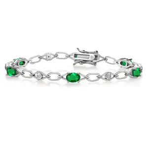 925 Sterling Silver Green Nano Emerald and Round White Lab Grown Diamond Tennis Bracelet For Women (2.44 Cttw, Gemstone Birthstone, Oval 6X4MM, 7.25 Inches)