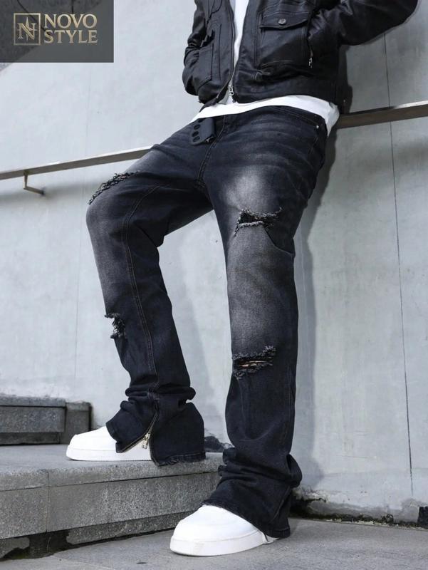 Novo Style  Men's Casual Distressed Zip Ankle Denim Jeans Men S Black Ripped Jeans Ripped Jeans For Men