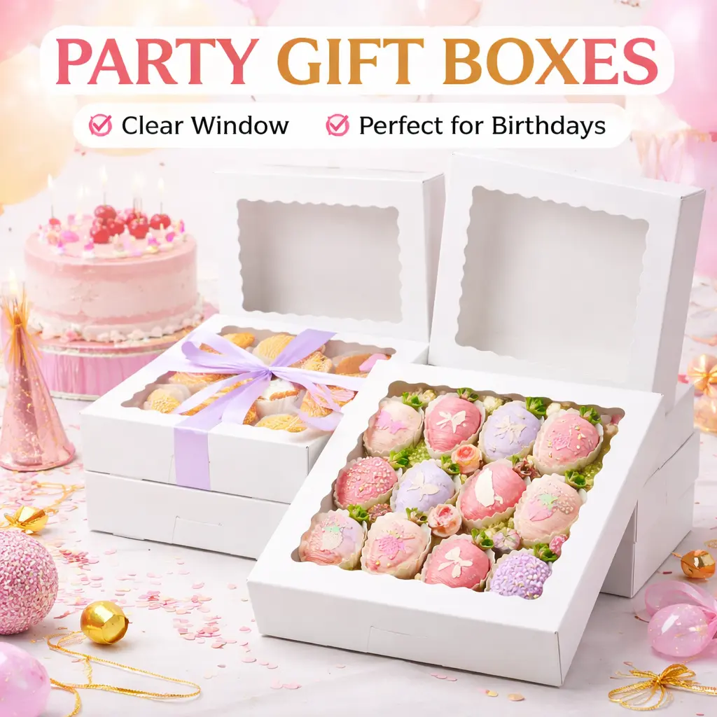 25-Pack White Auto-Popup Bakery Boxes, 8x8x2 Inches Sturdy Paper Treat Containers with Clear Window for Cookies, Chocolate Strawberries, Gifts – Kitchenware Bakeware for Parties, Gifting