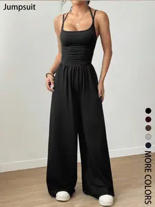 Summer New Fashion Women's Wear Casual Design Double Fine Shoulder Strap One-Piece Wide Leg, Pleated Waist Design, Fitted, Suitable for Commuting, Daily Wear, Vacation, Home, and Outdoor Adventures