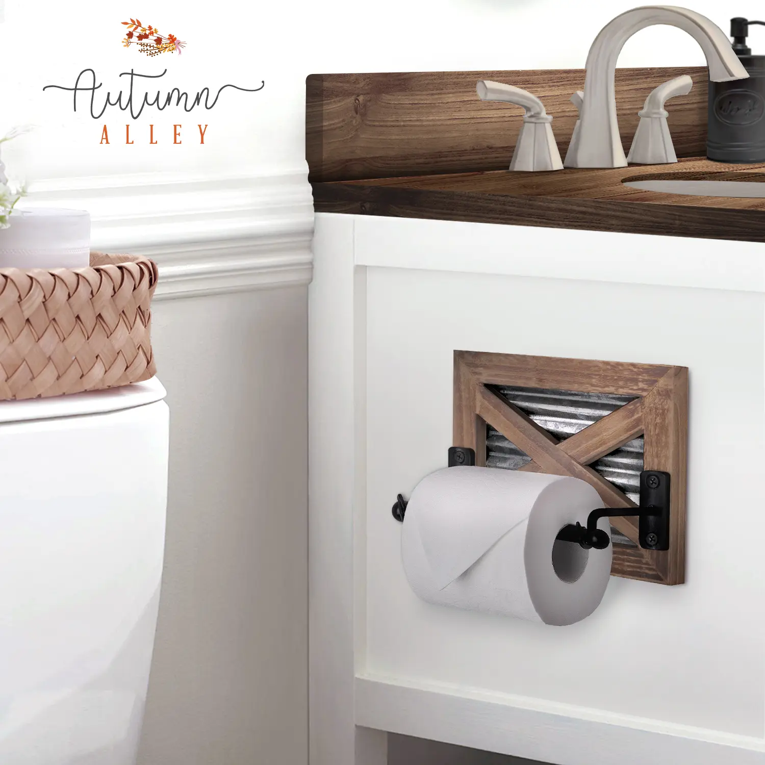 Rustic Farmhouse Barn Door Toilet Paper Holder – Wood & Galvanized Metal Wall Mount