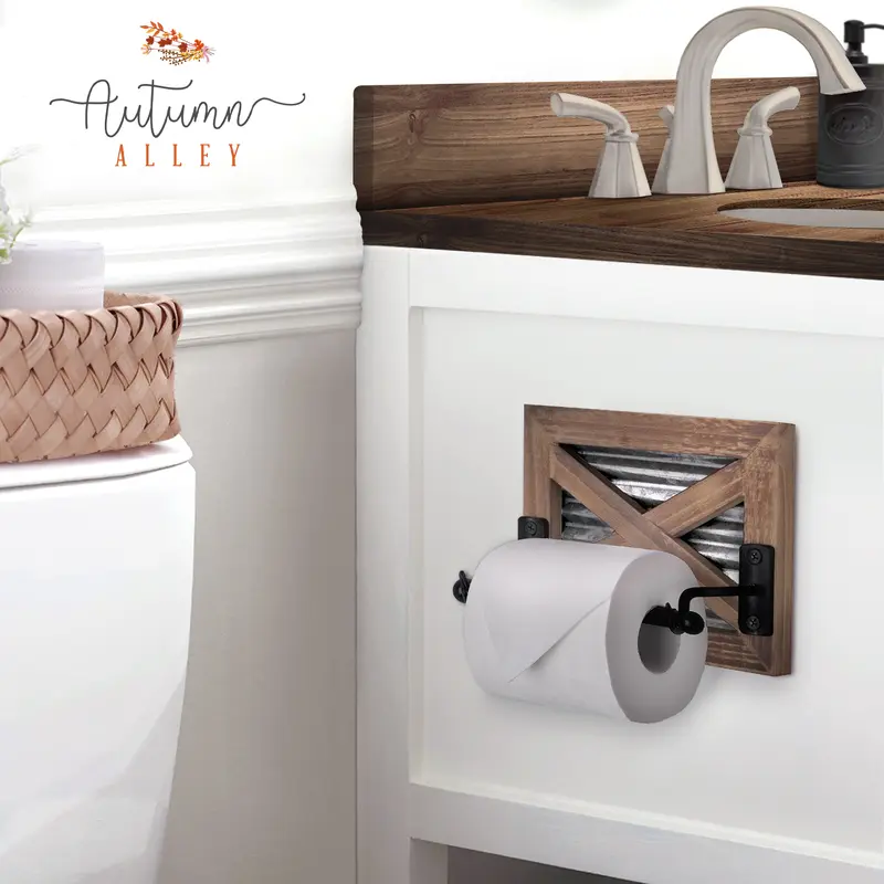 Rustic Farmhouse Barn Door Toilet Paper Holder – Wood & Galvanized Metal Wall Mount