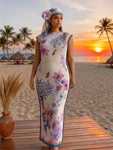 Women's Elegant Chic Floral Animal Print Long Dress Set, Slim-Fitting Moo Moo Skirt & Scarf, Beach Sun Protection Silk Shawl Lightweight