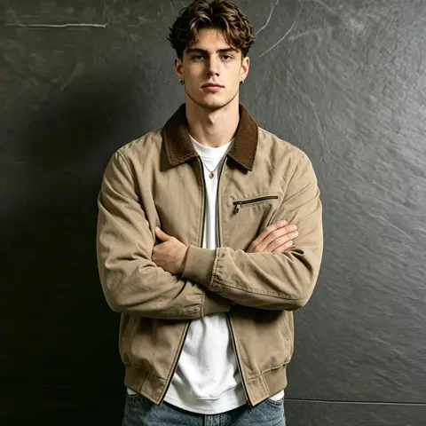 Autumn New Men's Corduroy Workwear Jacket - Plain Lapel, Pull-On, Zip-Up Functional Long-Sleeve Outerwear, Retro Street Style Flight Coat, Suitable for Everyday Wear, Beige, No