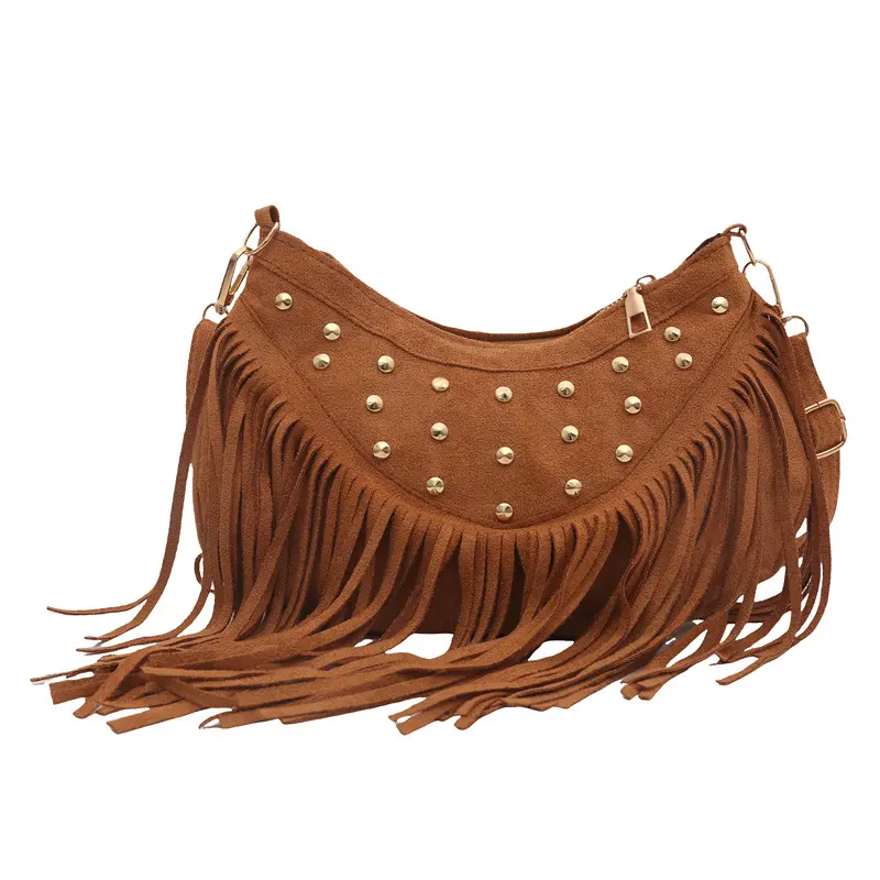 Women's Bohemian Melon Brown Adjustable Strap Crossbody Bag - Retro Dumpling Satchel with Tassel, Bead Details, Casual Everyday Versatile Purse