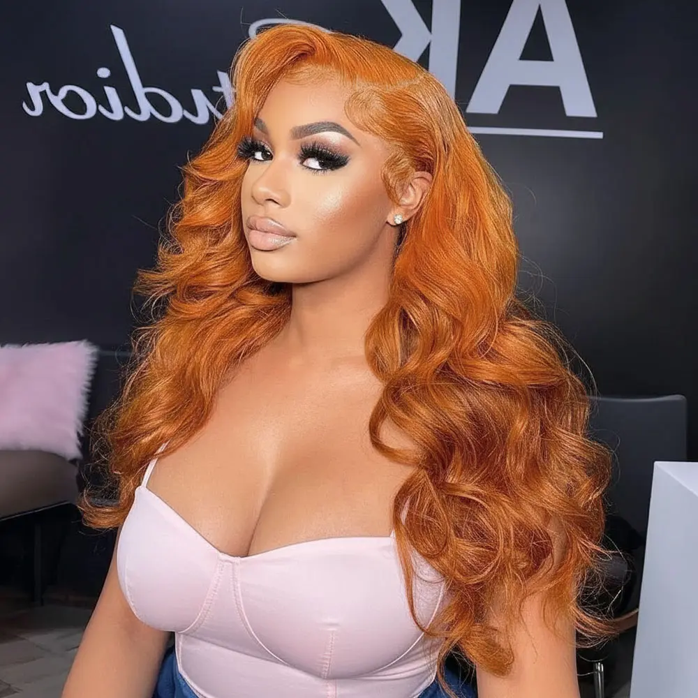 Ginger Orange Body Wave Lace Front Wigs Synthetic Hair 180 Density Glueless13x5X1 HD Transparent Lace Frontal Wig Pre Plucked With Baby Hair Friendly for Beginners Daily Use Party Fluffy Wave Wig