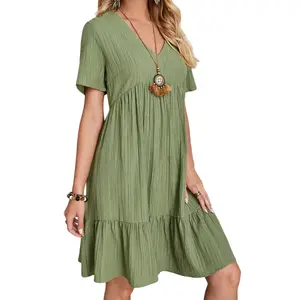 Summer Dress for Women Short Sleeve Pleated V Neck Tiered Swing A Line Casual Flowy Beach Sundress Basic Womenswear Minimalist Bohemian Charm - Shortsleeve