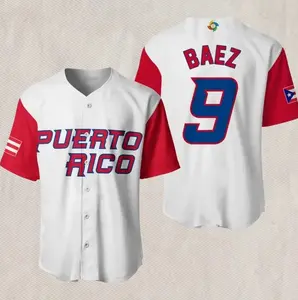 Puerto Rico Baseball Jersey, White Red Jersey, PUERTO RICO Front, #BAEZ 9 Back Number, Puerto Rican Flag Sleeve Patches Fan Gift