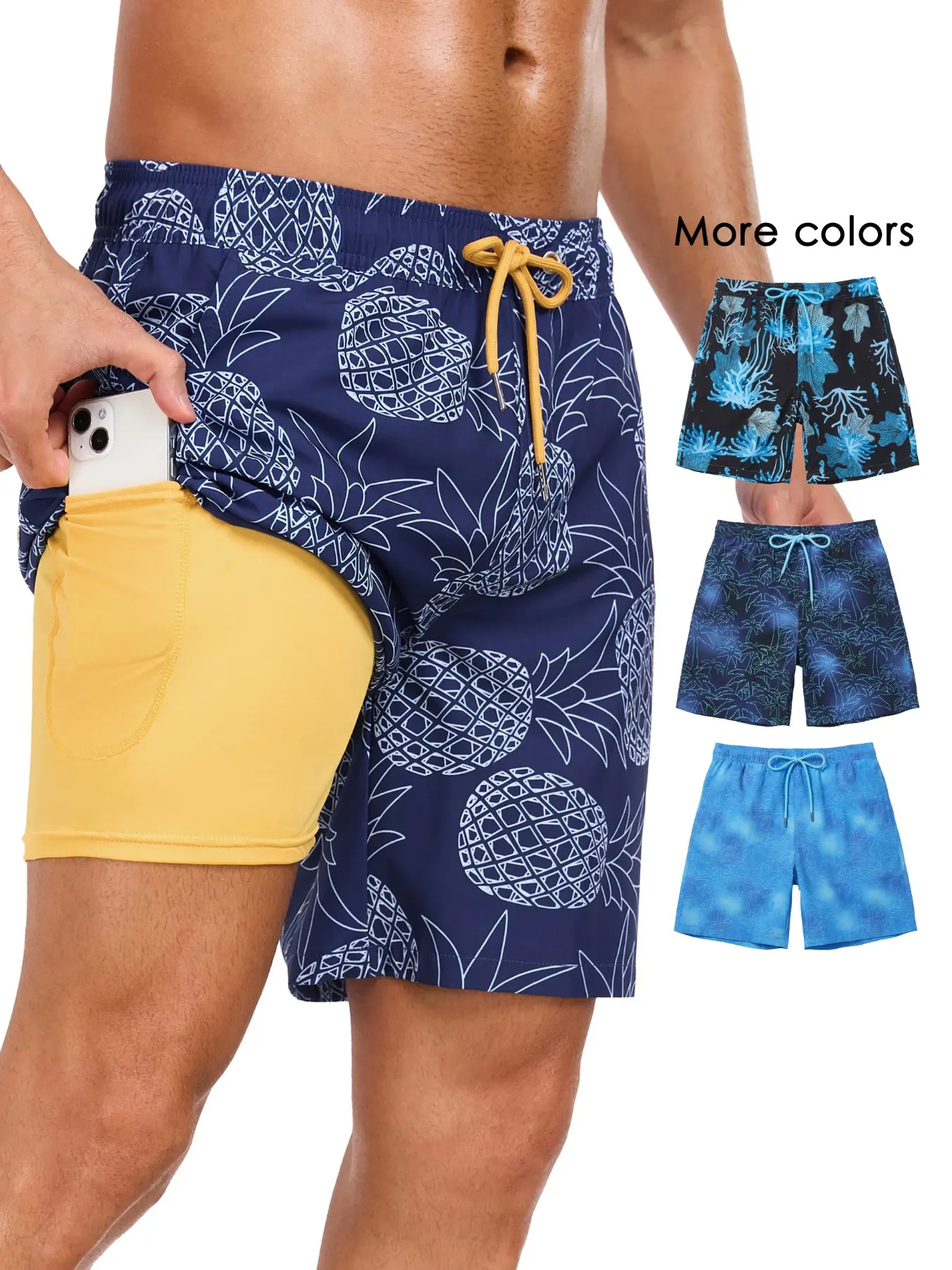 2 in 1 Men's 7 Inch Swim Shorts with Compression Liner, Quick Dry Beach Swimming Trunks Swimwear with Drawstring & Pockets for Holiday Use Summer Swim Bottoms Swimsuit Shorts