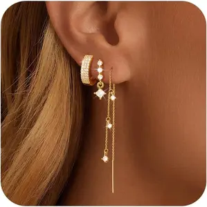 14K Gold Plated Chain Earrings for Women 3/4 Pairs Dangle Dainty Stack Hoop Earrings Set Trendy Cubic Zirconia Stud Earrings for Women Jewelry