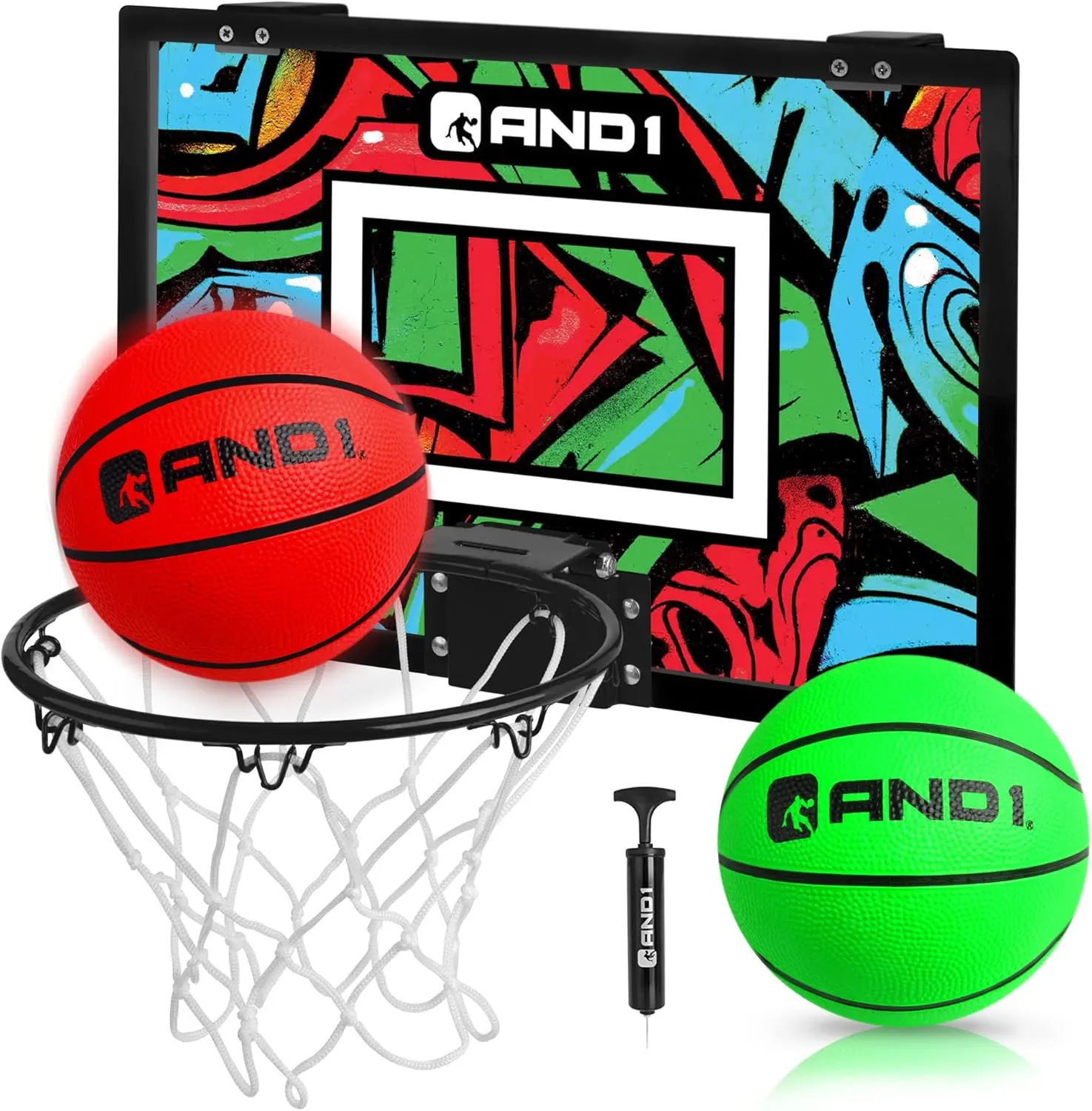 AND1 Over the Door Mini Basketball Hoop, 18x12 in Shatterproof Backboard with Spring-Loaded Steel Rim and Heavy-Duty Net, Indoor Set for Kids and Adults with 2 Mini Basketballs, Children, 3-Ply Net, Backboards, Spring-Loaded Rim, Indoor Play, Preassembled