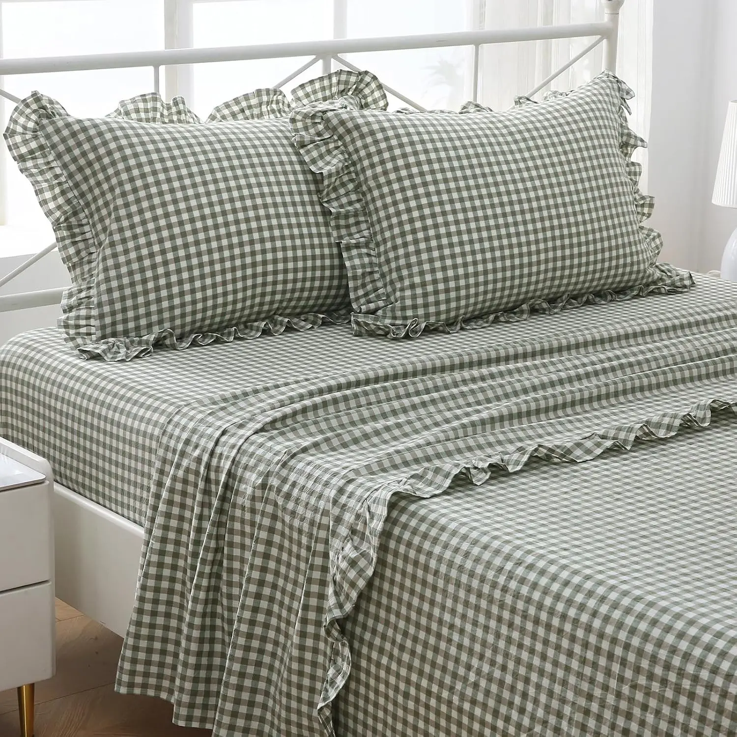 Sage Green Gingham Ruffle Sheets Queen Size 4-Piece Set | 18" Deep Pocket, 100% Washed Cotton, Farmhouse Checkered Decorative Bedding Set with Pillow Shams
