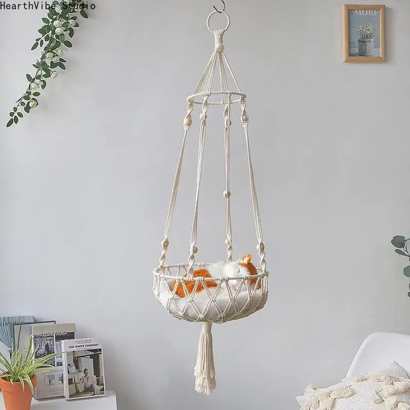 Hand-Woven Hanging Cat Bed — Pet Mesh Hammock & Cat Basket — Bohemian Style Cat Hammock