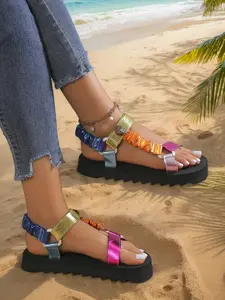 Women's Summer Colorful Fashion Thick Sole Sandals, Tie Dye PU Leather, Metal Buckle, Breathable Outdoor Roman Shoes, Lightweight Comfort