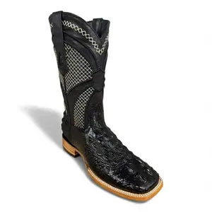 Patriot Black Gator Clon Cowboy Boot with Crocodile Pattern and Comfortable Sole