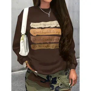 Women’s casual long round-neck sweatshirt — black relaxed fit with inspirational letter print, medium stretch fabric, pullover design, all-season comfort, everyday outfit, stylish clothing; knit crewneck hoodie made from polyester.