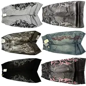 Men's & Women's Vintage Washed Wide-Leg Oversized Jeans with Tribal Embroidery - Distressed Loose Fit Y2K Aesthetic Pants, Mid-Rise Casual Wear Suitable for All-Season, Unisex Waist Harajuku Hip-hop Pants