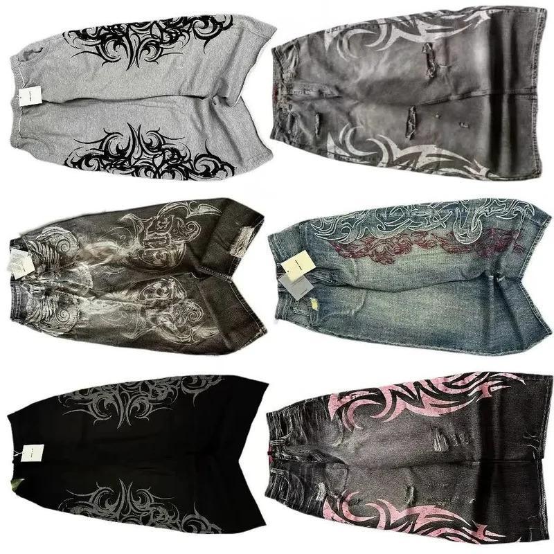 Men's & Women's Vintage Washed Wide-Leg Oversized Jeans with Tribal Embroidery - Distressed Loose Fit Y2K Aesthetic Pants, Mid-Rise Casual Wear Suitable for All-Season, Unisex Waist Harajuku Hip-hop Pants