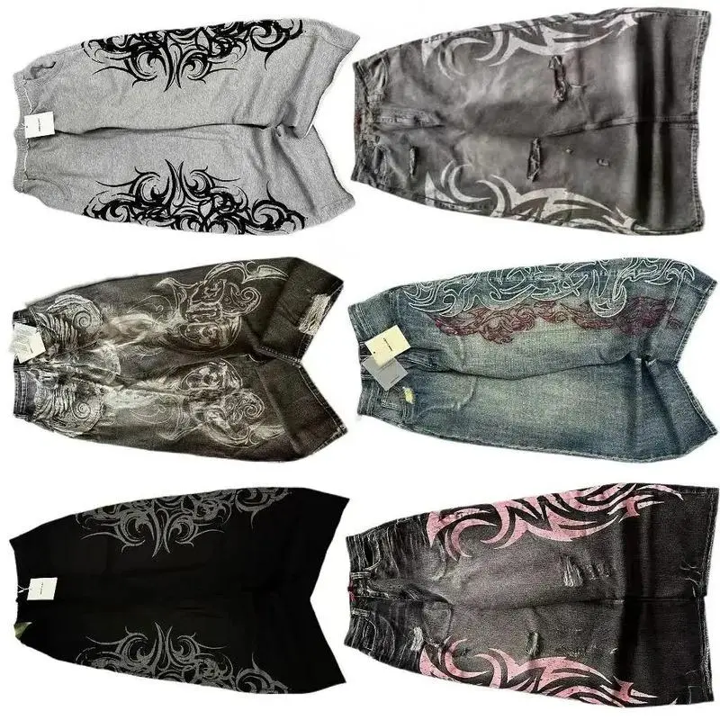 Men's & Women's Vintage Washed Wide-Leg Oversized Jeans with Tribal Embroidery - Distressed Loose Fit Y2K Aesthetic Pants, Mid-Rise Casual Wear Suitable for All-Season, Unisex Waist Harajuku Hip-hop Pants