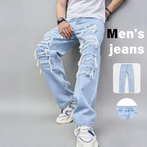 Men's Light Blue Jeans with Raw Hem and Rips, Loose Straight Fit, Trendy Versatile Casual Pants