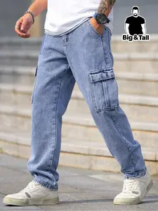 Men's plus-size light blue casual multi-pocket cargo jeans. With a loose elastic fit and flap pocket design, made of classic denim fabric that is sturdy and durable, they are suitable for men's daily travel or casual activities Cargo Denim Trousers