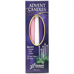 Christmas Advent Candles (Set of 5) 10" Wax Taper Candles, 3 Purple, 1 Pink, 1 White