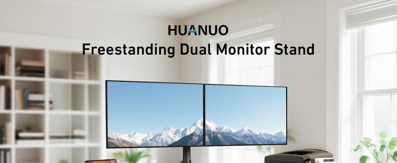 HUANUO Freestanding Dual Monitor Stand, 32 Inch Dual Monitor Mount for 2 Screens, Holds up to 19.8 lbs per Arm, Gaming Monitor Arm Riser with Tempered-Glass Base, Tilt, Swivel, Rotation, Black