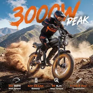 V70 Electric Bike, Electric Motorcycle with 52V 23.4Ah Removable Battery 20” Fat Tire Dirt Bike, 3000W Motor 35 MPH Top Speed E Bikes, 7 Speed Dual Hydraulic Brake Electric Bikes for Adults