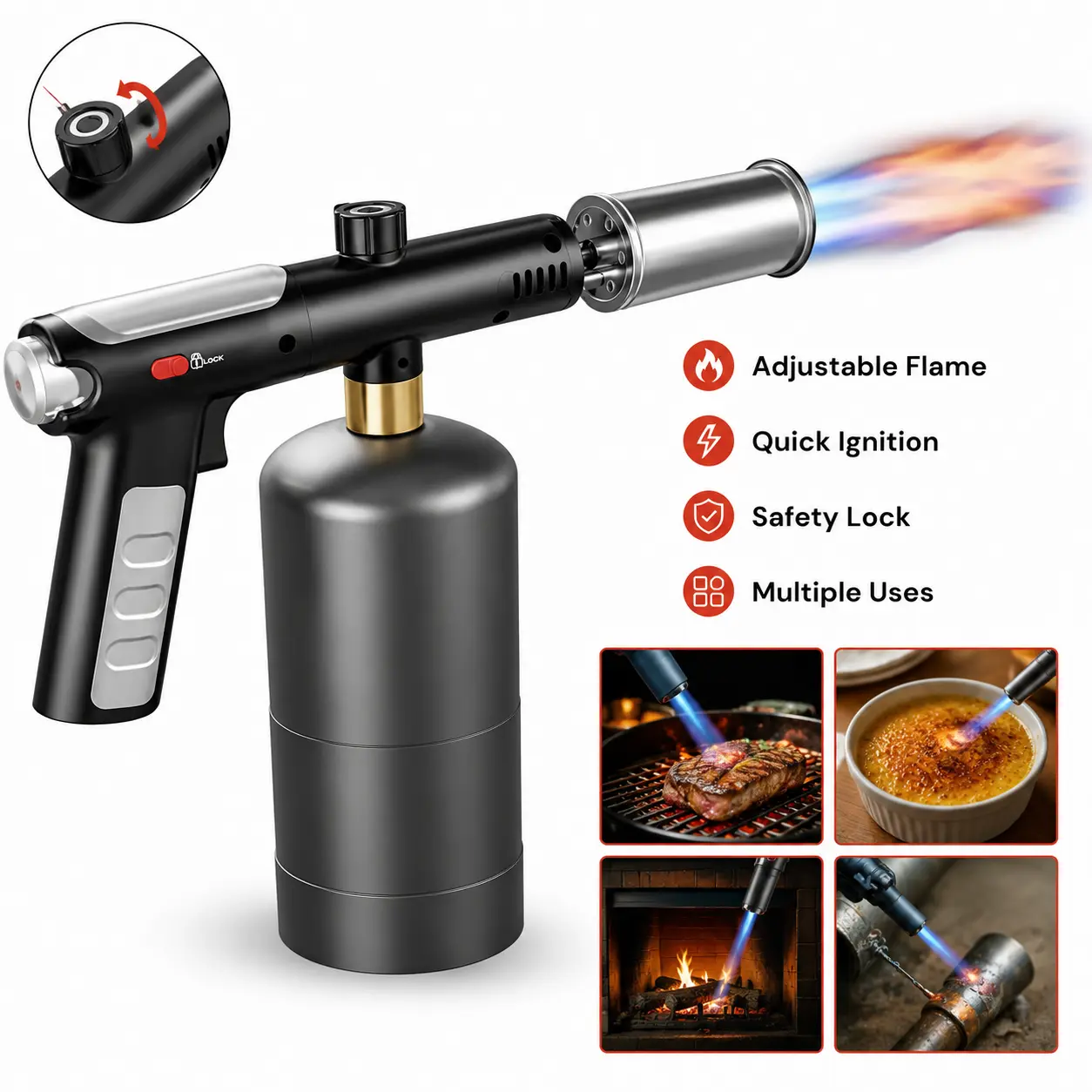 Propane Torch Head with Instant Ignition and Adjustable Flame Control, High Output Torch for Weed Burning, Soldering, Roofing, Wood Charring, BBQ Grilling, Fire Pit and DIY Outdoor Projects