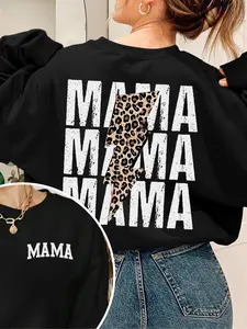 Women's MAMA Leopard Print Fleece Fabric Pullover Sweatshirt, Casual Everyday Loose-Fit Round Neck Long Sleeve Top, Fall & Winter Fashion, Womenswear