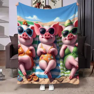 Cute Pig Beach Print Blanket, Soft Multifunctional Shawl Throw, Office Bedroom Sofa Outdoor Use, Multiple Sizes Available