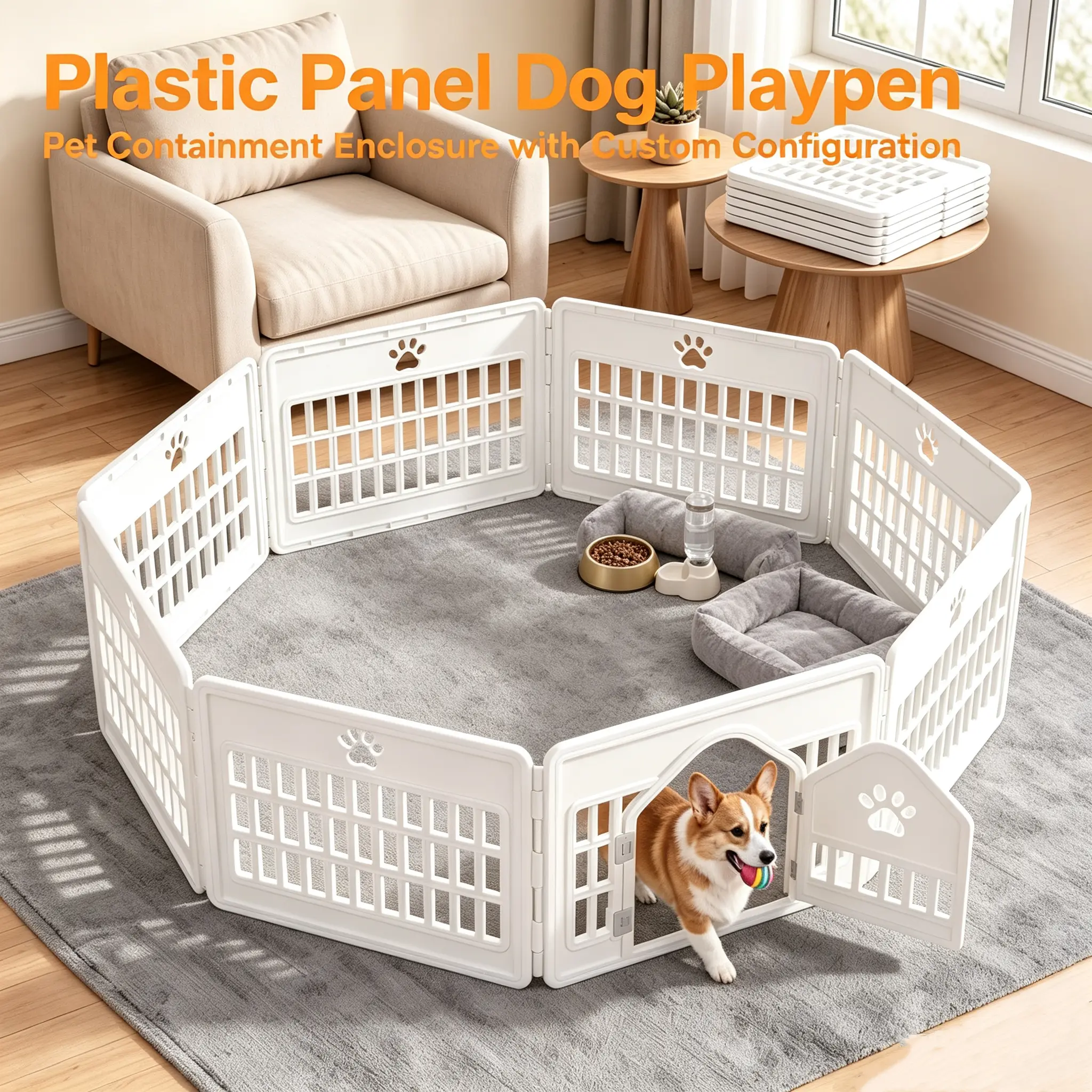 Sweetcrispy S Plastic Panel Dog Playpen - Pet Enclosure, Quick Set-Up, Custom Configuration, Multi-Shape Setup, Flexible Boundary, Tool-Free Assembly, Secure Door Latch, Enclosures