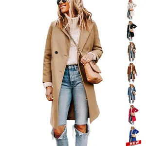 Women's Knee-length Overcoat Casual Notch Lapel Single-Breasted Wool-blend Peacoat Trench Coat Outerwear Jackets for Spring Fall Winter