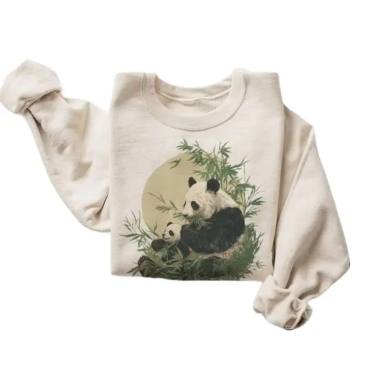 Lady's Vintage Giant Panda & Baby Bamboo Forest Hoodie - 90s Cute Mammals Mountains Garment, Boho Unisex Long Sleeve Round Neck Sweatshirt