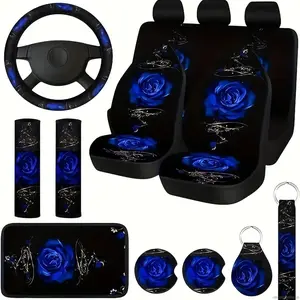 Halloween & Christmas Holiday Gift:17-Piece Rose Style Car Interior Set | 5-Seat Polyester Seat Covers + No-Inner-Ring Steering Wheel Cover | Shoulder Pads, Armrest Pads, Cup Mats & Key Chains Included - Elevate Your Car Interior