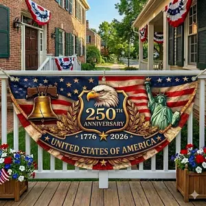 America 250th Birthday Polyester Semicircular Flag, USA 250 Years Semiquincentennial Banner, 1776-2026 Patriotic Half Round Porch Banner, Independence Day 2026 Decor, Fourth of July Patriotic Outdoor Banner