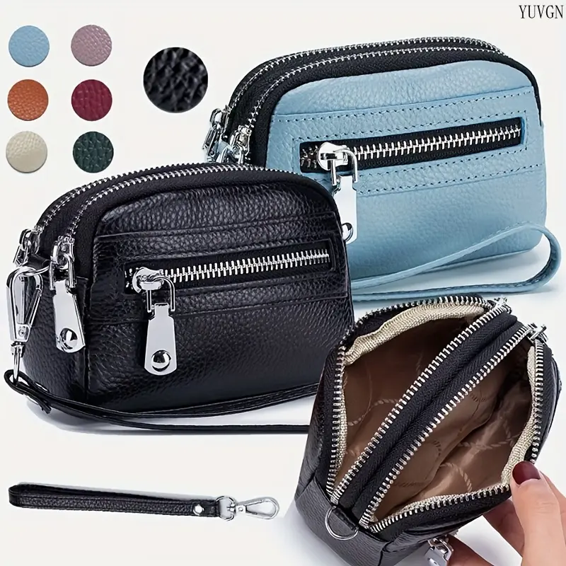 Women's Solid Color Wristlet, Mini Triple-Zipper Wallet Pouch with a Detachable Strap for Daily Use, Daily Use Bags, Plain, Solid Colors, Sporty Chic, Compact Shape