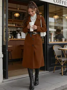 A lady's solid-color collar-buttoned long-sleeved woolen coat, elegant for autumn and winter outfits, Outerwear