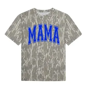 MAMA Camo Graphic T Shirt Blue Varsity Letter Print Mossy Oak Inspired 3D Camouflage Casual Streetwear Tee