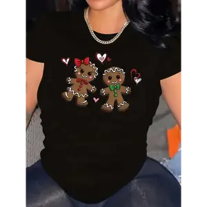 Plus Size Graphic Tee For Women, Halloween Gingerbread Print Crew Neck T-Shirt, Medium Stretch, Short Sleeve, Knit Fabric Pullover - Season Versatile Top Golf Gift T-Shirt For Men And Women