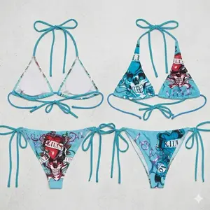 Inspired Skull Love Kills String Bikini Set – Turquoise Blue | Skull & Heart Tattoo All-Over Print | Halter Tie Top & Side-Tie Bottom | Y2K Vintage Grunge Swimwear | Women's Summer Beach Festival Outfit & Gift for Her