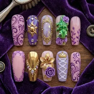 Princess Press on Nails 3D Magic Golden Hair  Purple Flower Crown Green Chameleon Coquette