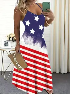 Fashionable women's casual sleeveless camisole dress with American flag print, made of stretchy summer fabric, suitable for everyday wear and comfortable, Womenswear