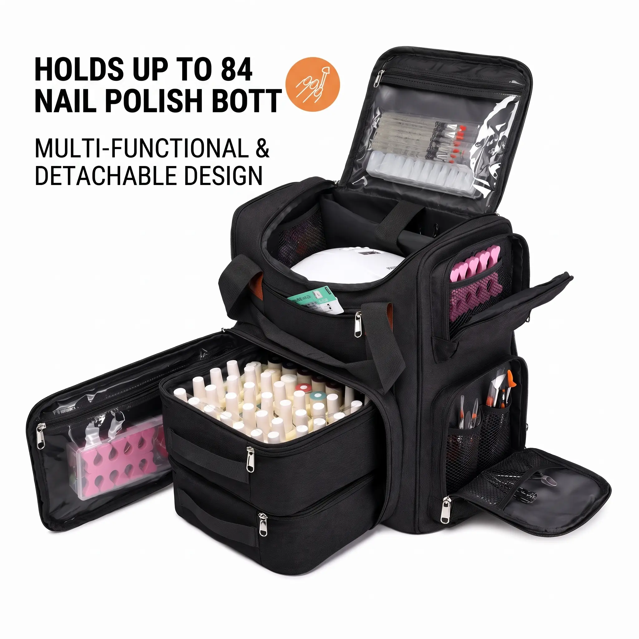 ROSIOUR Professional Nail Technician Carry Backpack - 84 Nail Polish Bottle Capacity, 26.5L Multi-Functional Oxford Fabric Organizer, 2 Removable Pull-Out Drawers, Wide Opening, Adjustable Dividers