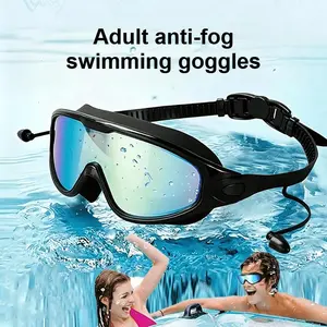 Premium Anti-Fog Swim Goggles for Adults, Leakproof Silicone Seal & UV Protection, Waterproof Wide View Mirrored Lenses with Attached Earplugs, Comfortable Fit for Men & Women, Ideal for Summer Vibes & All Water Activities