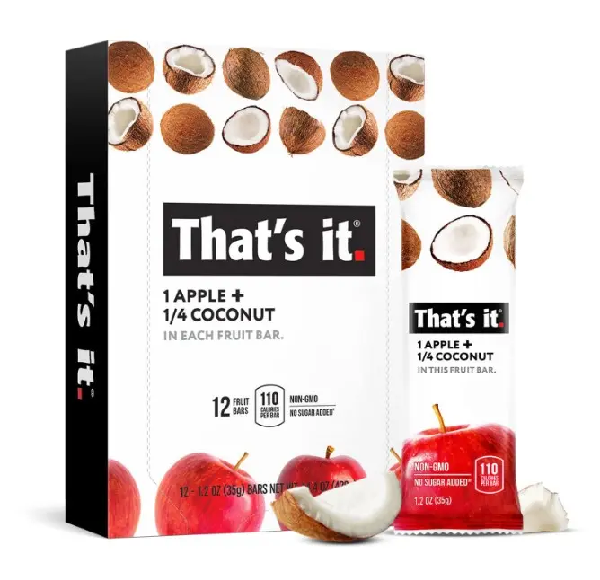 That's it. Apple + Coconut 100% Natural Real Fruit Bar, Best High Fiber Vegan, Gluten Free Healthy Snack, Paleo for Children & Adults, Non GMO No Added Sugar, No Preservatives Energy Food (12 Pack)